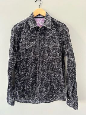 Wrangler 20X Black Paisley w Purple Western Pearl Snap Flap Pocket Button Down